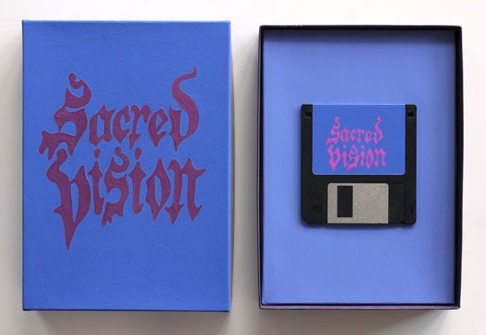 Suzanne Treister
SOFTWARE/Sacred Vision, 1993-4
oil paint on cardboard box and floppy disk
8.6 x 6.3 x 1.6 ins.
22.5 x 16 x 4 cm