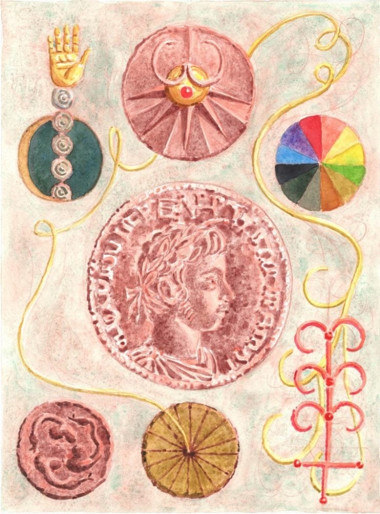 Elijah Burgher
Wheels, Holes and Coins for E/H (Constant Shallowness Leads to Evil), 2023
watercolor and graphite on paper
16 x 12 in.&amp;nbsp;