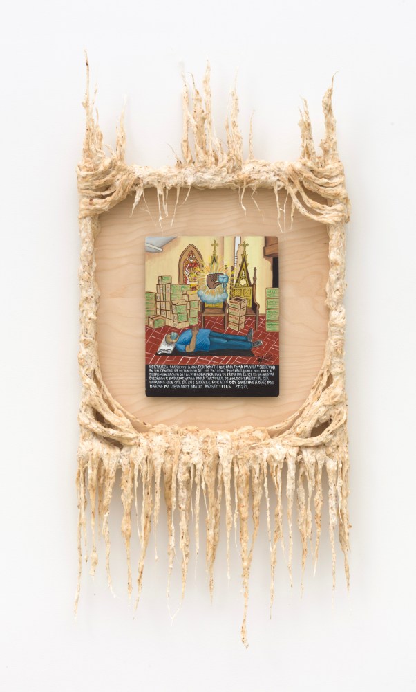 Guadalupe Maravilla
Aristoteles&amp;rsquo; story about being detained by ICE Retablo, 2021
oil on tin, cotton, glue mixture, wood
45 1/2 x 19 3/4 x 4 1/4 ins.
115.6 x 50.2 x 10.8 cm