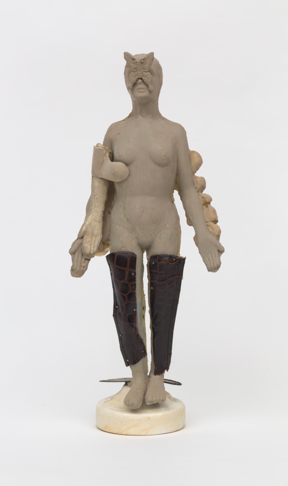 TARWUK
KLOSKLAS_Namreka_Latnahc30, 2022
synthetic resin, iron nails, croc embossed leather, wire, porcelain, metal, polyurethane foam
20 x 9 x 6 1/2 ins.
50.8 x 22.9 x 16.5 cm