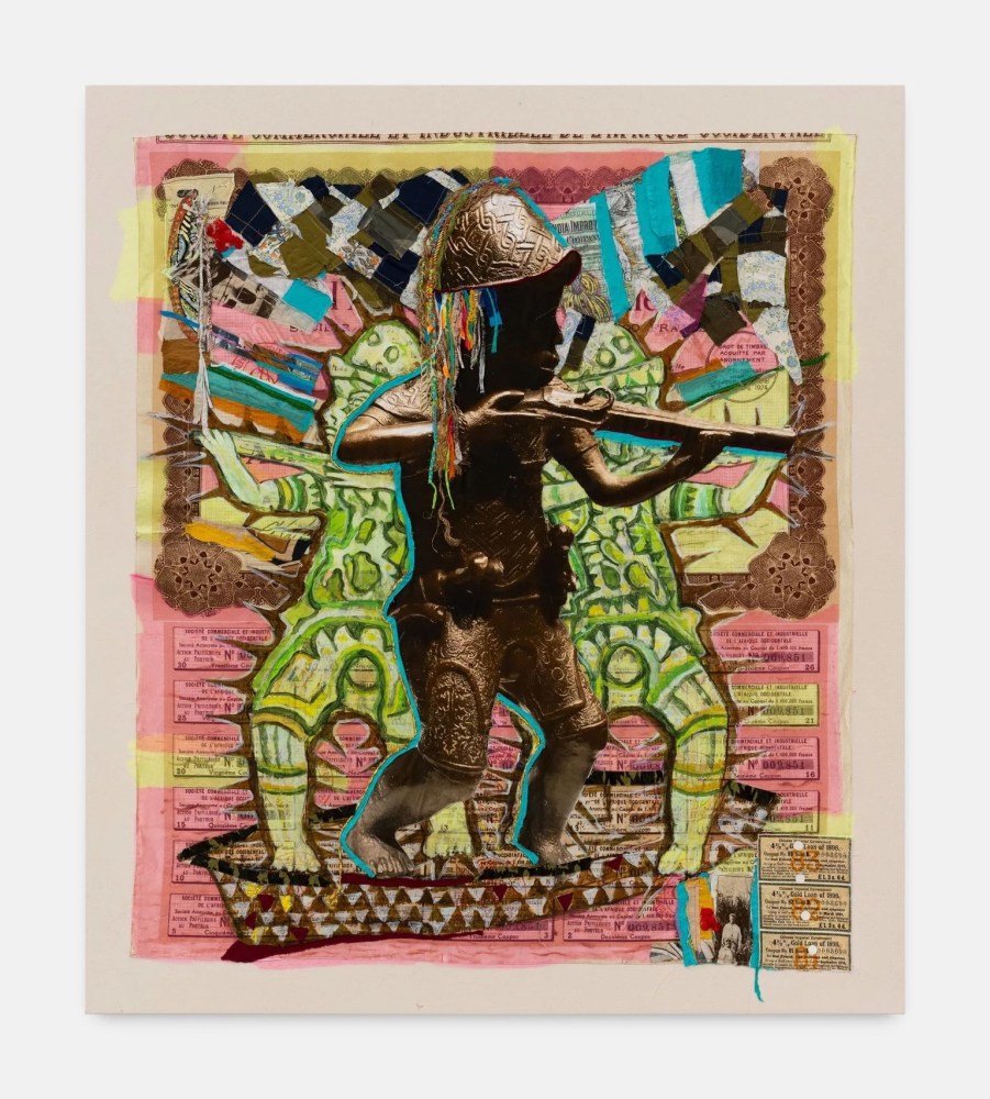 Hew Locke
Raw Materials 25, 2023
Custom printed 245gms organic cotton warp satin with appliqued fabrics and cord, PVA-based Fray-stop on raw edges, cotton law, cotton thread, polyester thread, gauze, linen, hessian, plastic rope, manilla rope
162 x 139 cm
64 x 54 1/2 in