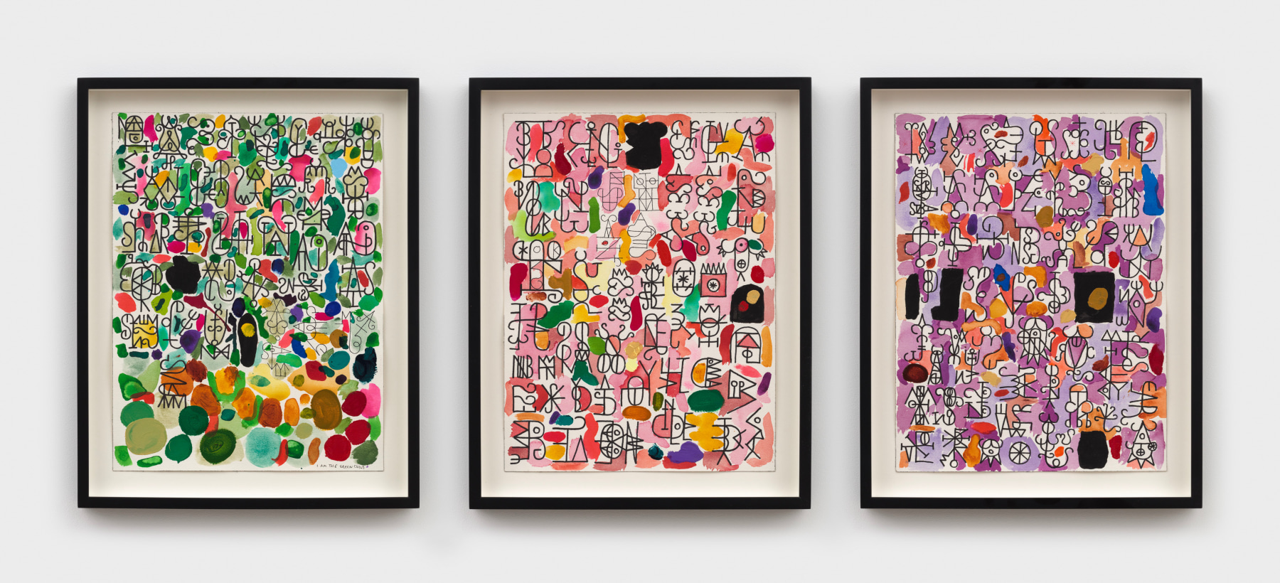 Elijah Burgher
Alphabet (the Pine, the Blood, the Violets), 2021
ink, watercolor and acrylic on paper
triptych, each: 16 1/8 x 12 1/4 ins.
41 x 31 cm