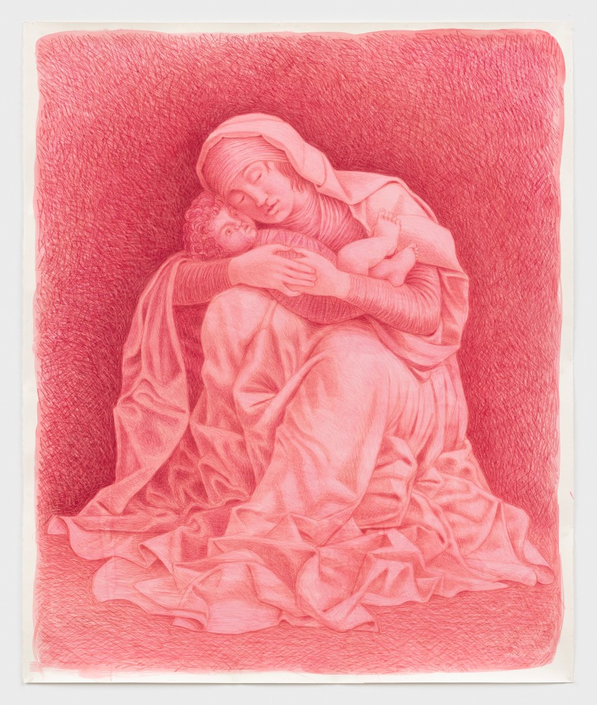Elijah Burgher
Rose Quartz Mary (after Mantegna), 2021
colored pencil and watercolor on paper
54 x 44 7/8 ins.
137 x 114 cm