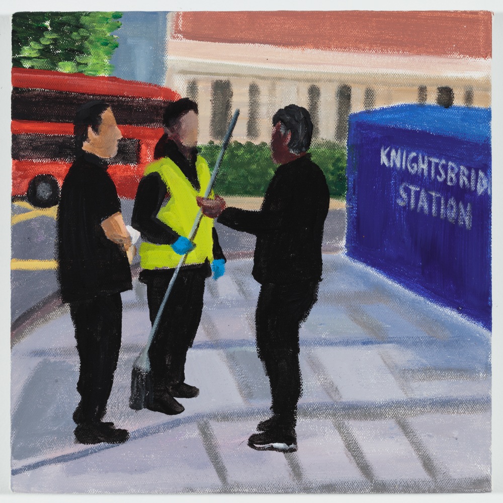 Ramiro Gomez, A conversation between three workers (Knightsbridge Station), 2018