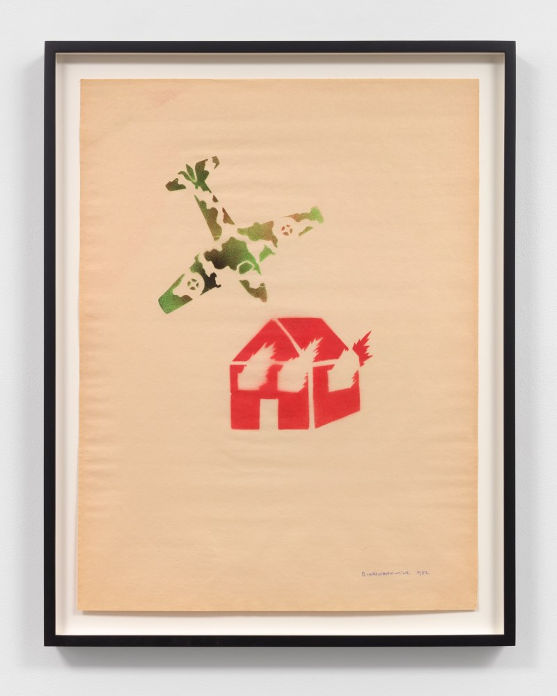David Wojnarowicz
Untitled (Burning House with Camouflage Plane), 1982
signed and dated, lower right
stencil on paper
23 7/8 x 17 7/8 ins.
60.6 x 45.4 cm