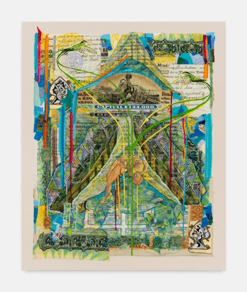 Hew Locke
Raw Materials 24, 2023
Custom printed 245gms organic cotton warp satin with appliqued fabrics and cord, PVA-based Fray-stop on raw edges, cotton lawn, polyester thread, lace, gauze, sequins, nylon mesh, plywood, gesso primer, cotton lawn, polyester thread, lace, gauze, sequins, nylon mesh, plywood, gesso primer, acrylic paint
175.5 x 139.5 cm
69 x 55 in