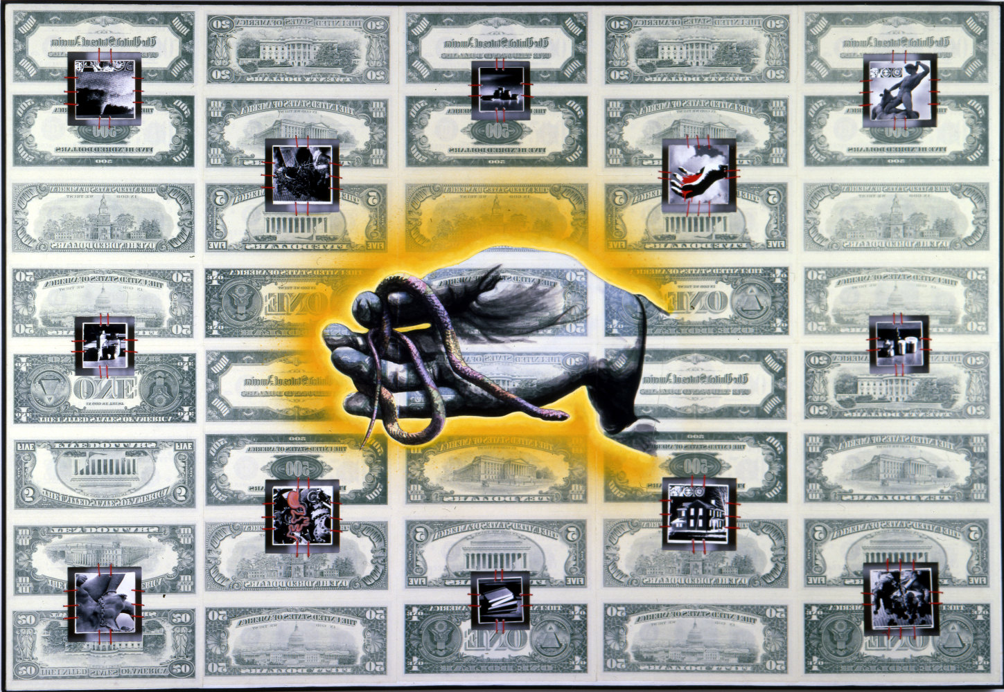 David Wojnarowicz

The Redesign of the Dollar Bill, 1988-89

twelve black-and-white photographs, collage string, ink and spray paint on masonite

46 x 67 ins.

116.8 x 170 cm