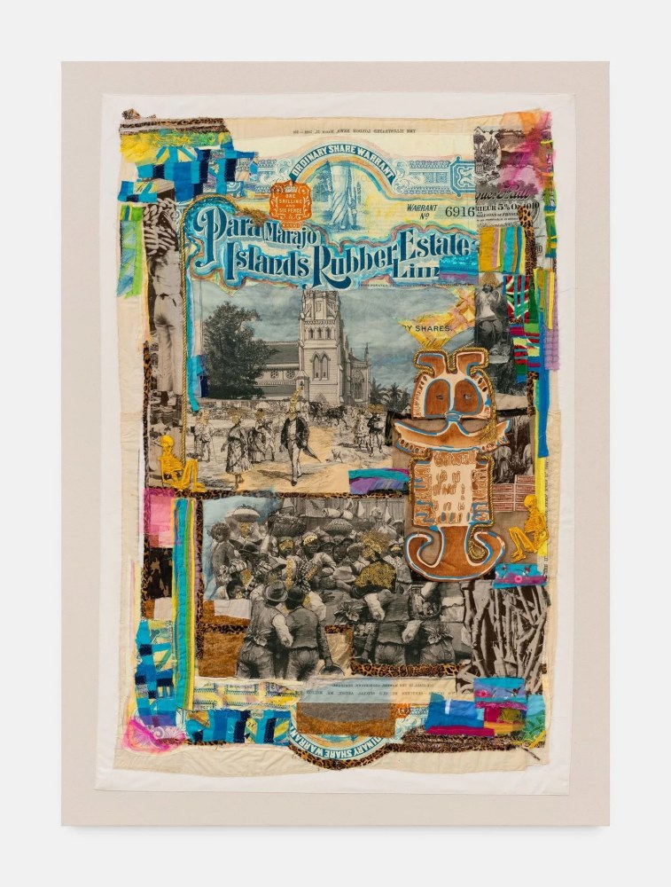 Hew Locke
Raw Materials 28, 2023
Custom printed 245gms organic cotton warp satin with appliqued fabrics and cord, PVA-based Fray-stop on raw edges, calico, cotton lawn, polyester mesh, organza, brass, plywood, nylon/polyester thread, acrylic paint
157 x 105 cm
62 x 41 1/2 in