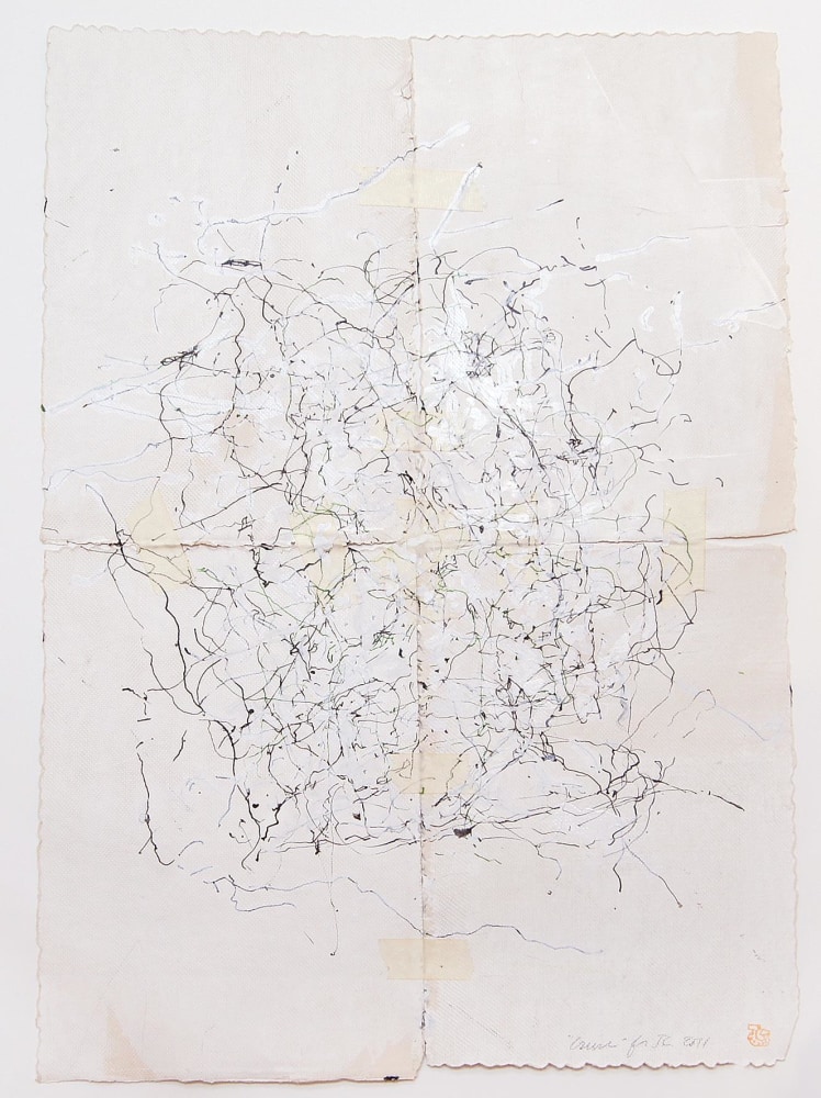 JAN FRANK
Crush,&amp;nbsp;2011
Dutch Linen Paper / sized / pen &amp;amp; ink, masking tape
24.5 x 16.5 inches / 62.2 x 41.9 cm