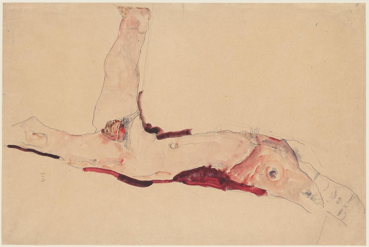 EGON SCHIELE
Liegender M&amp;auml;nnlicher Akt (Reclining Male Nude),&amp;nbsp;1911
Gouache, watercolor, and pencil on paper
14 x 21.3 inches / 35.6 x 54.1 cm
