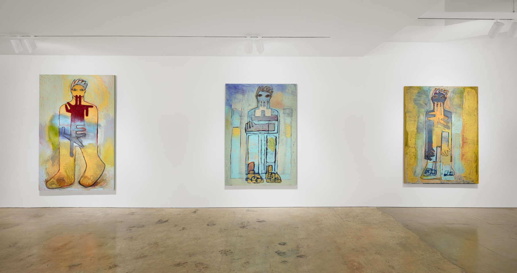 Straight on installation view of three large oil on canvas Richard Prince paintings in blues and golds