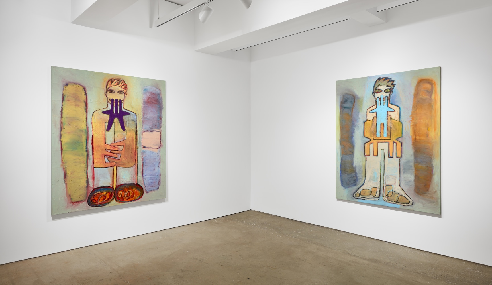Corner installation view of two large oil on canvas Richard Prince paintings in pastel colors