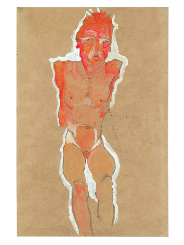 EGON SCHIELE
M&amp;auml;nnlicher Akt (Male Nude), 1910
Gouache and watercolor on paper
17.3 x 11.5 inches / 43.9 x 29.2 cm