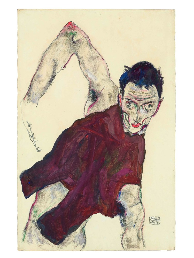 EGON SCHIELE
Self-Portrait in Jerkin with Right Elbow Raised,&amp;nbsp;1914
Gouache, watercolor and black crayon on paper
18.8 x 12.3 inches / 47.8 x 31.2 cm