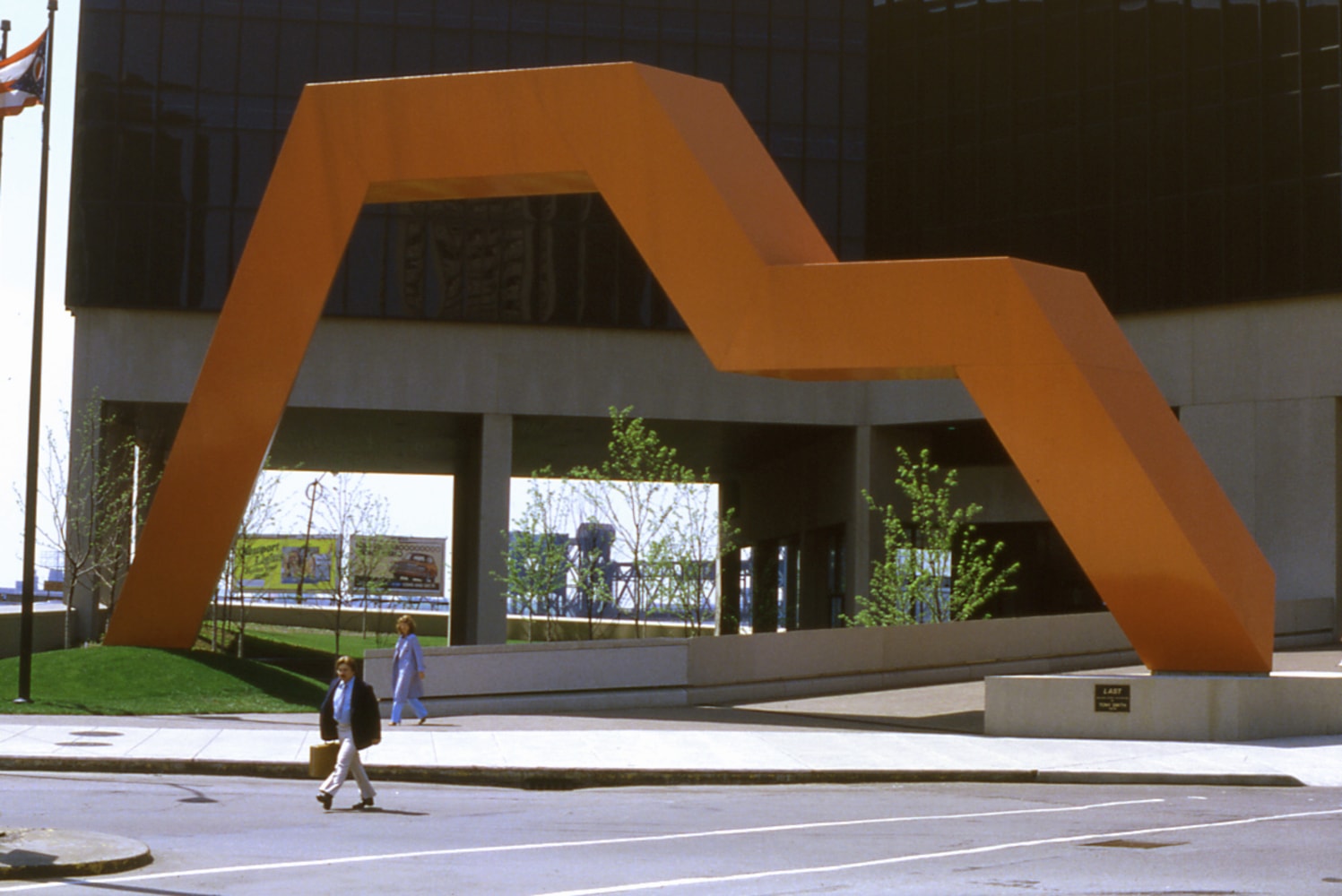 Steel, painted orange
35 ft. &amp;times; 75 ft. &amp;times; 6 ft. 6 in. (10.67 &amp;times; 22.86 &amp;times; 1.98 m), unique
Ohio Building Authority, Cleveland