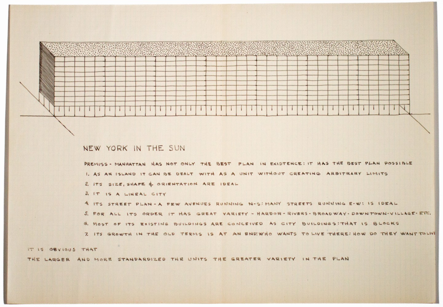 New York in the Sun, 1953&amp;ndash;55
Axonometric, ink on gridded paper, 11 3/4 &amp;times; 16 1/2 in. (29.8 &amp;times; 41.9 cm)