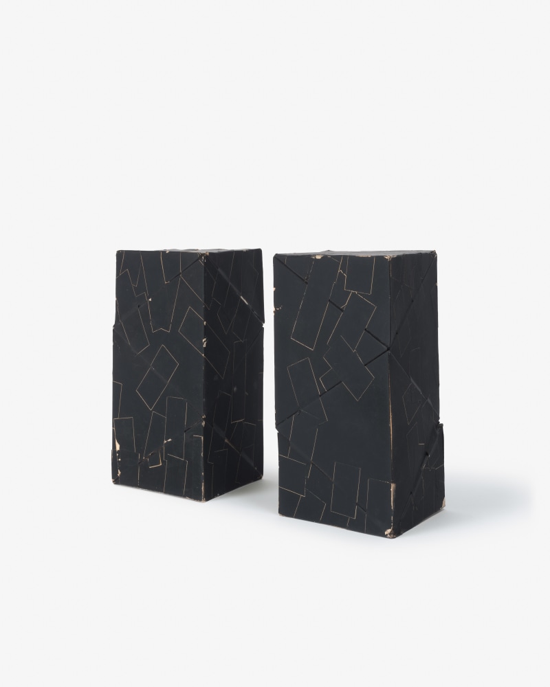 Card stock, painted black
2 units, each 6 x 5&amp;nbsp;3&amp;frasl;4&amp;nbsp;x 3&amp;nbsp;3&amp;frasl;4 in.&amp;nbsp;(15.2 &amp;times; 14.6 &amp;times; 9.5 cm)