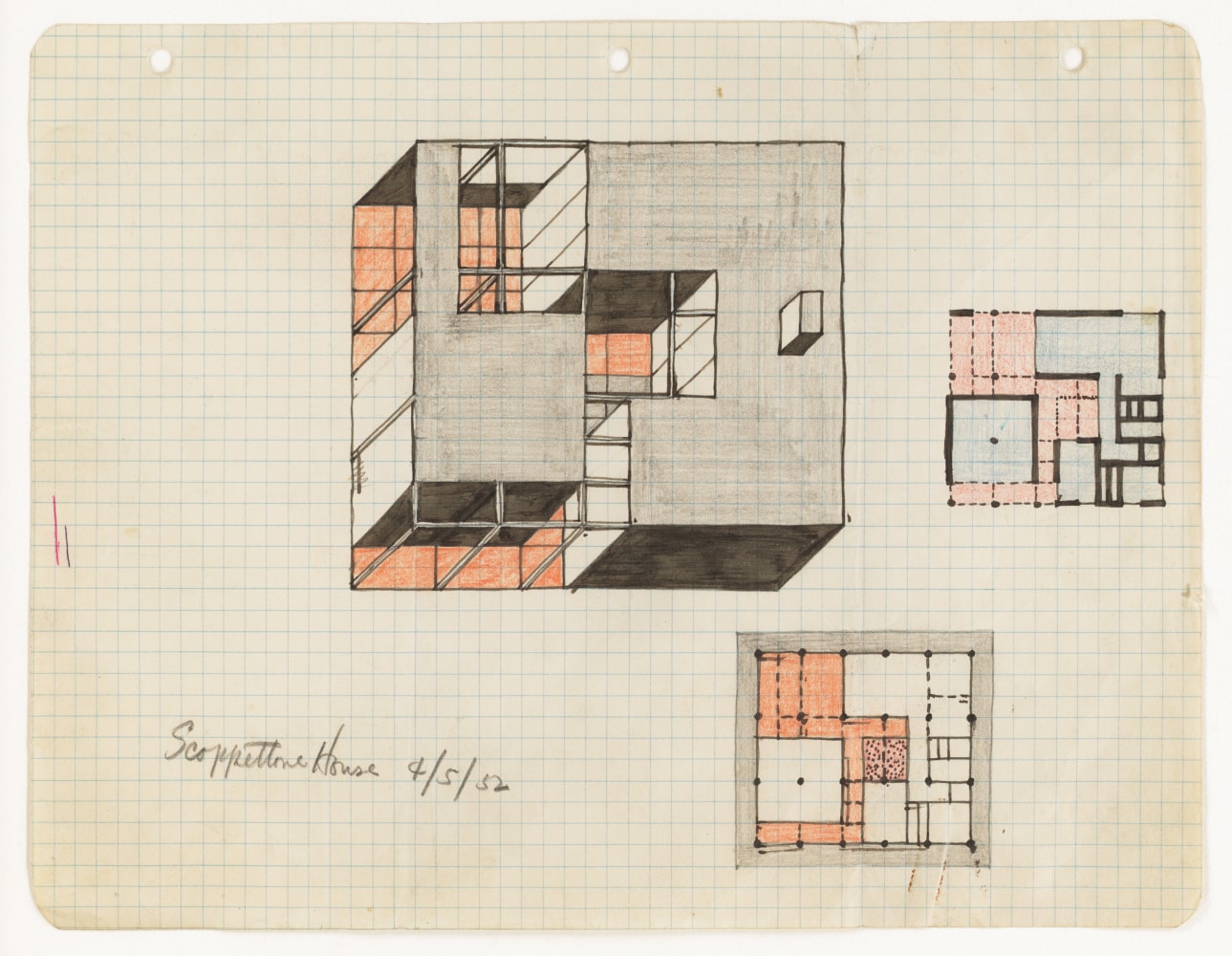 Axonometric and plans,&amp;nbsp;ink and colored pencil on gridded paper
8 1/2 &amp;times; 10 7/8 in. (21.6 &amp;times; 27.6 cm)
