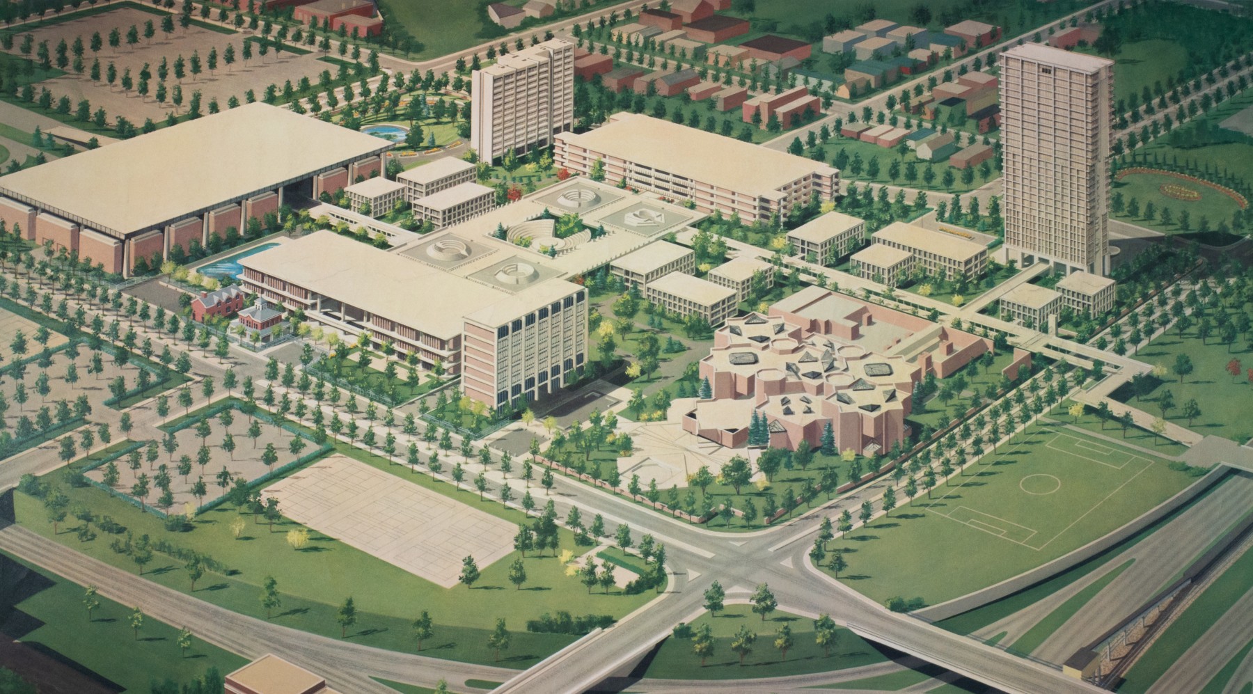 Perspective rendering of Walter Nesch design for University of Illinois, Chicago Circle, ca. 1968