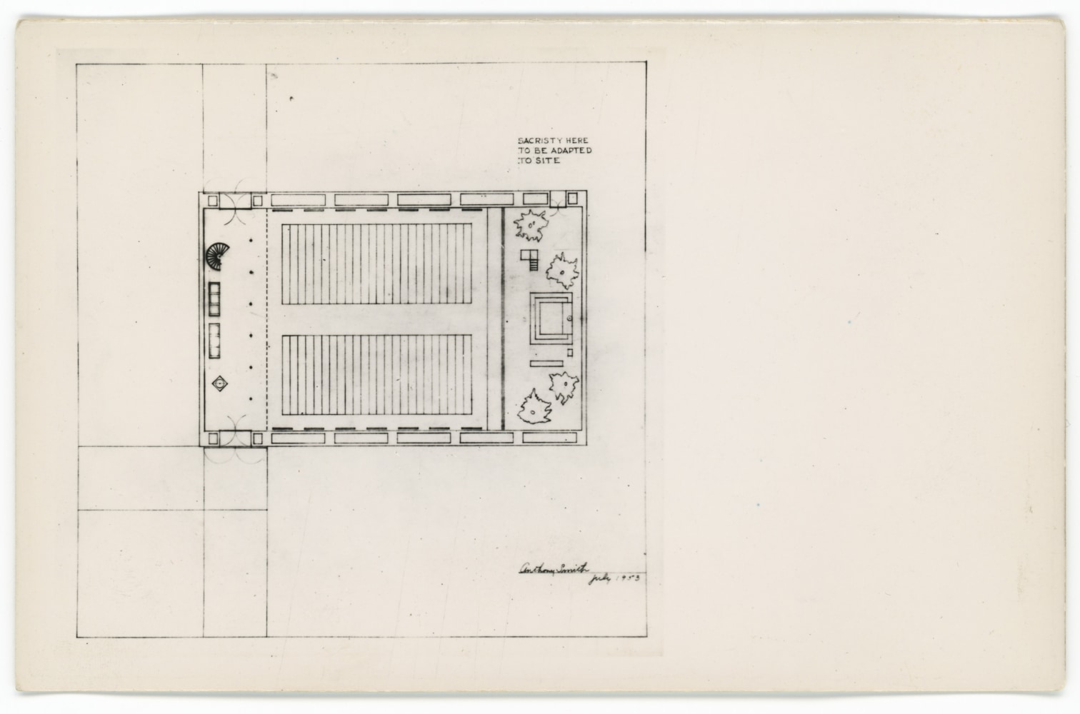 Plan, postcard made from photograph of original drawing
3 1/2 x 5 1/2 in. (8.9 x 14 cm)