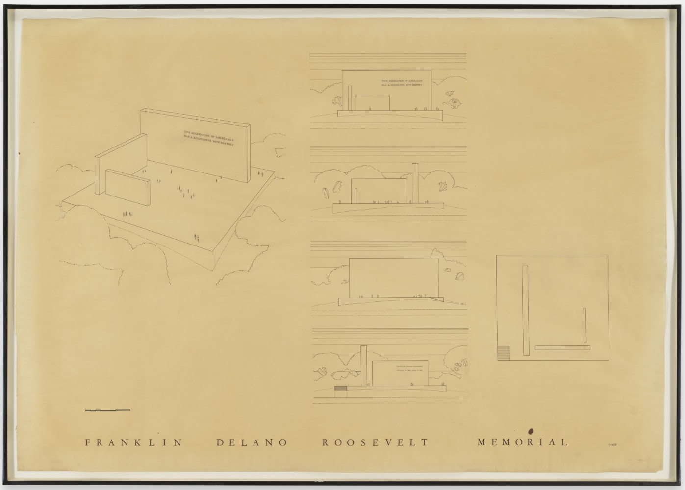 Axonometric, elevations, and plan, ink and graphite on whiteprint
30 3/8 &amp;times; 43 1/4 in. (77.2 &amp;times; 109.9 cm)
