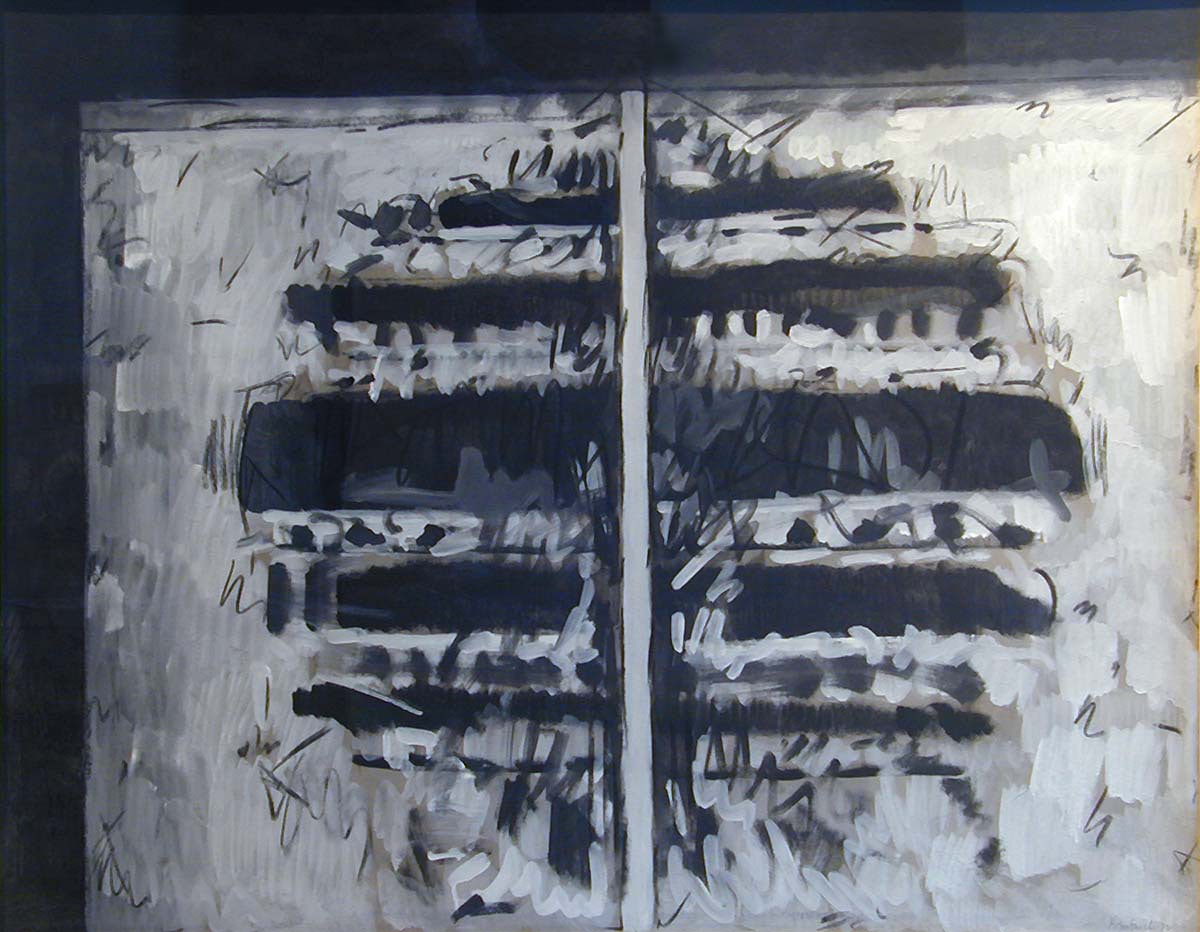 abstract painting of islands bisected by a porch post