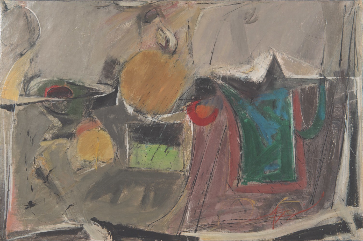 cubistic table top still life with a yellow an blue pitcher