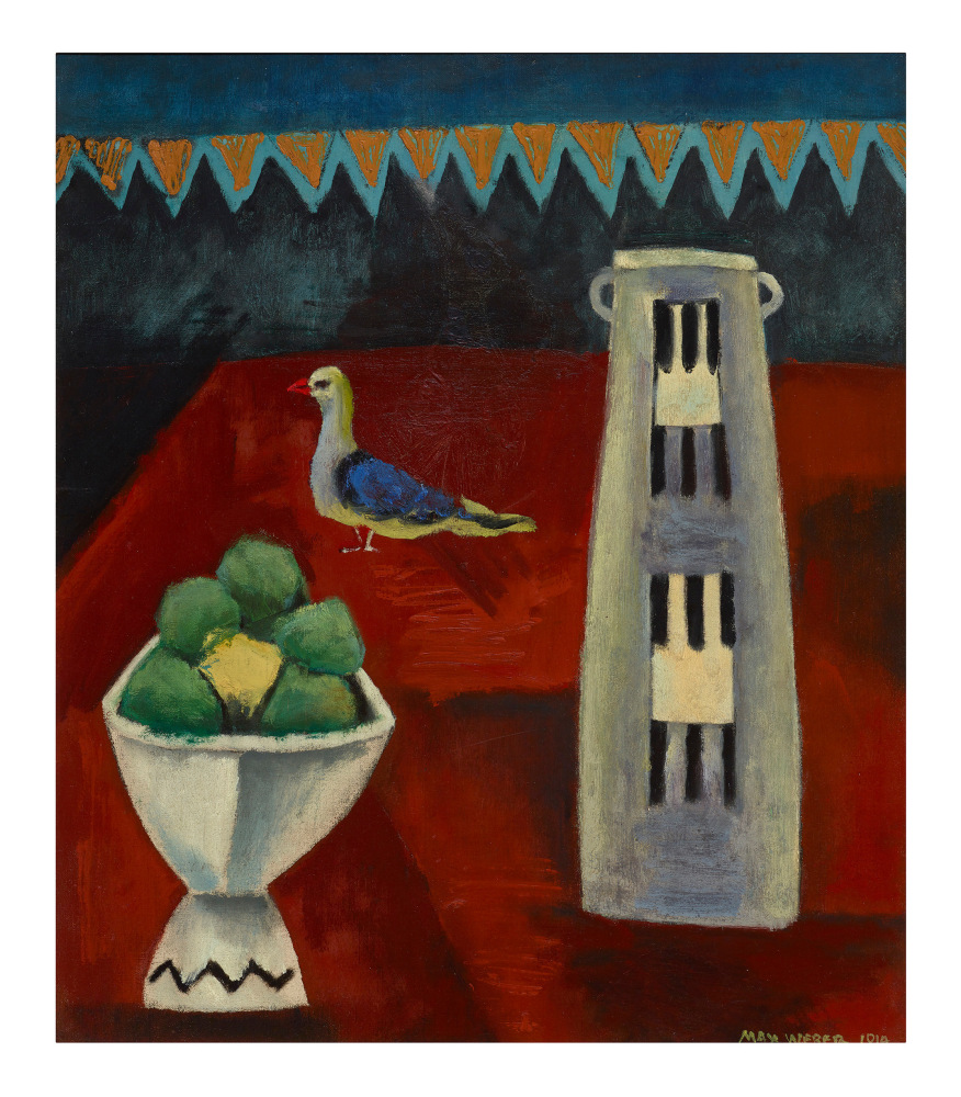modern still life with a bird and fruit on a table
