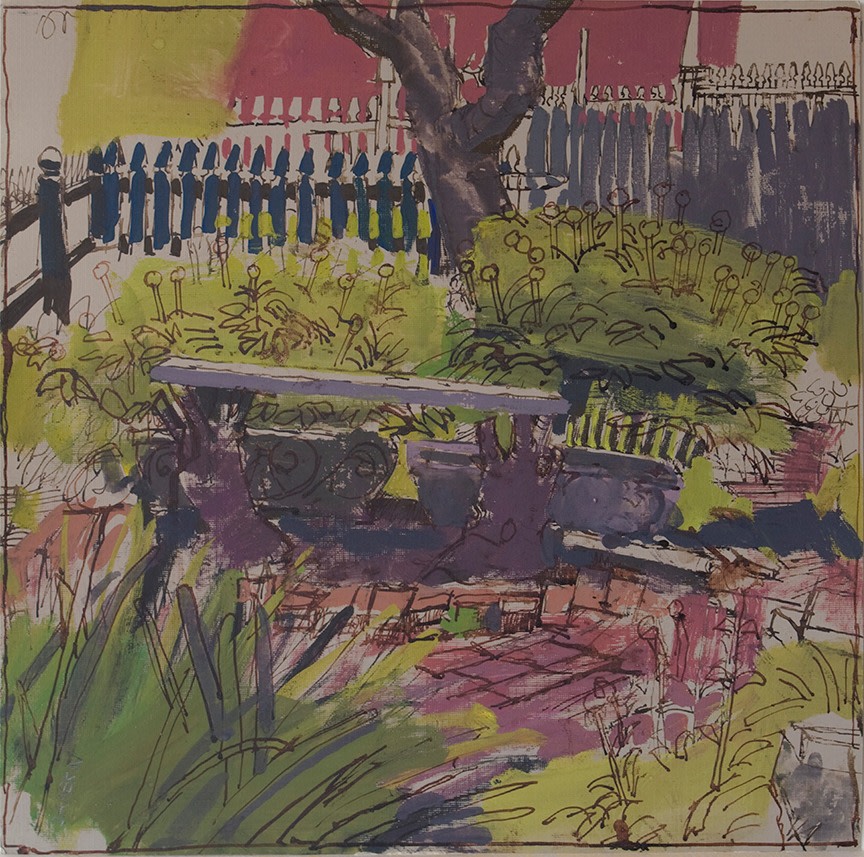 work on paper with color of a bench in a garden with some greenery