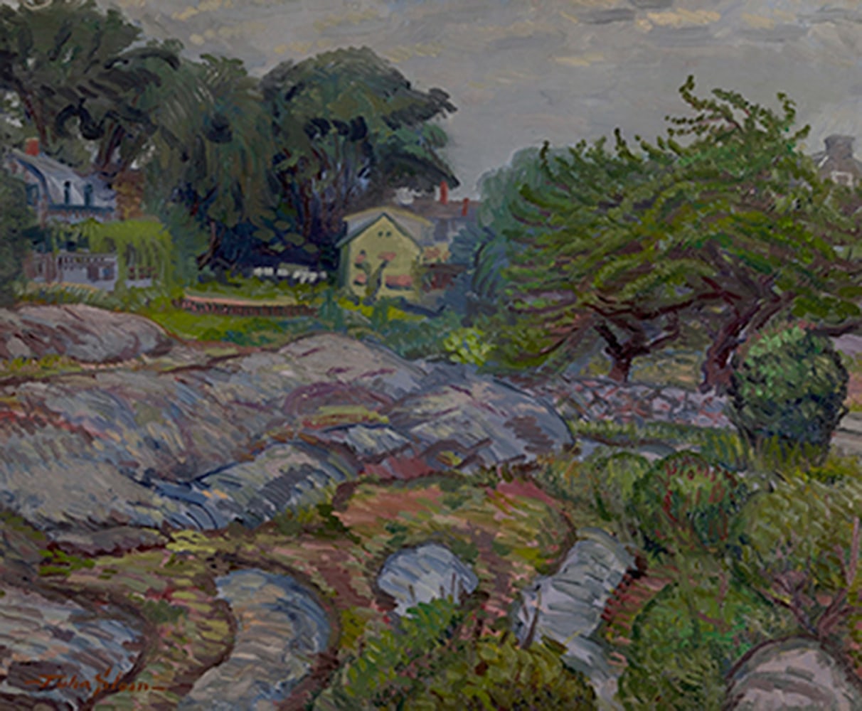 landscape in purple red and blue with apple tree