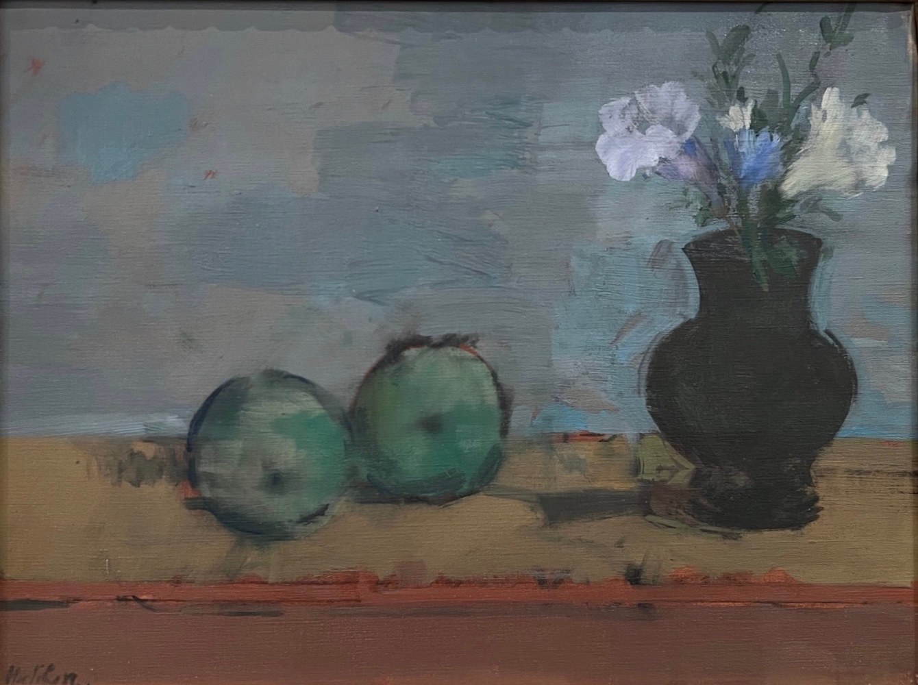 simle still life with two apples and a bunch of petunias in a black vase on a table