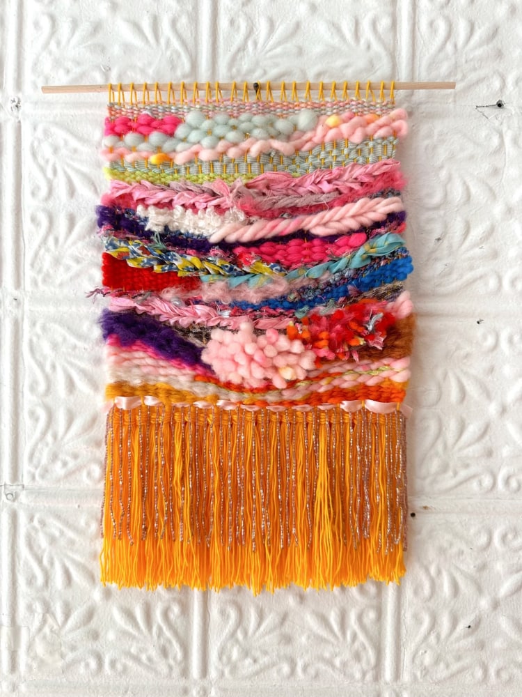 wool and cotton weaving with beaded fringe
