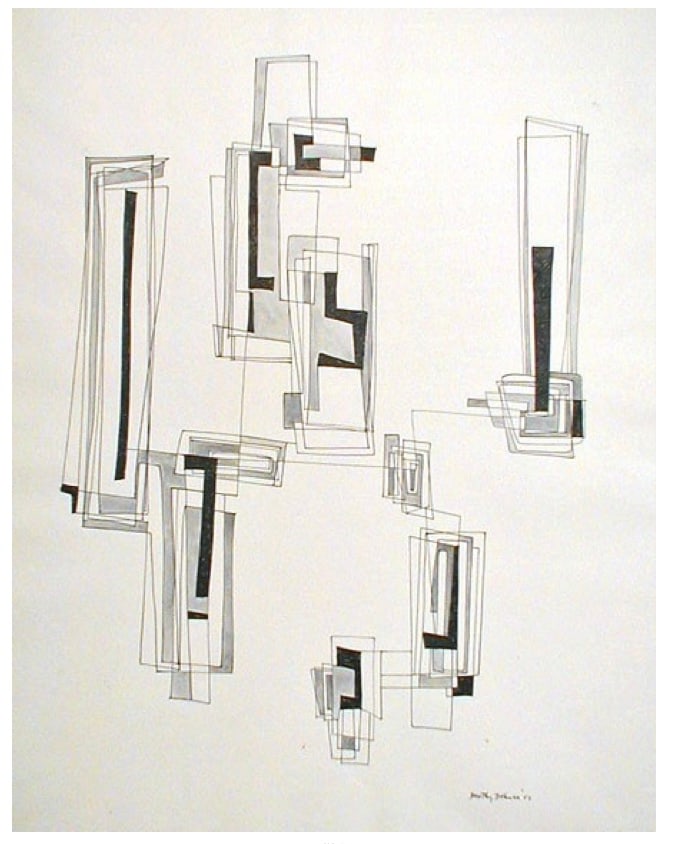 abstract drawing with rectilinear shapes in ink and grey wash