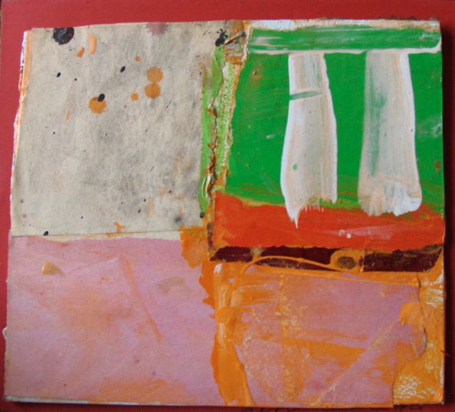 small painterly abstract painting with squares of red, green, pink and white