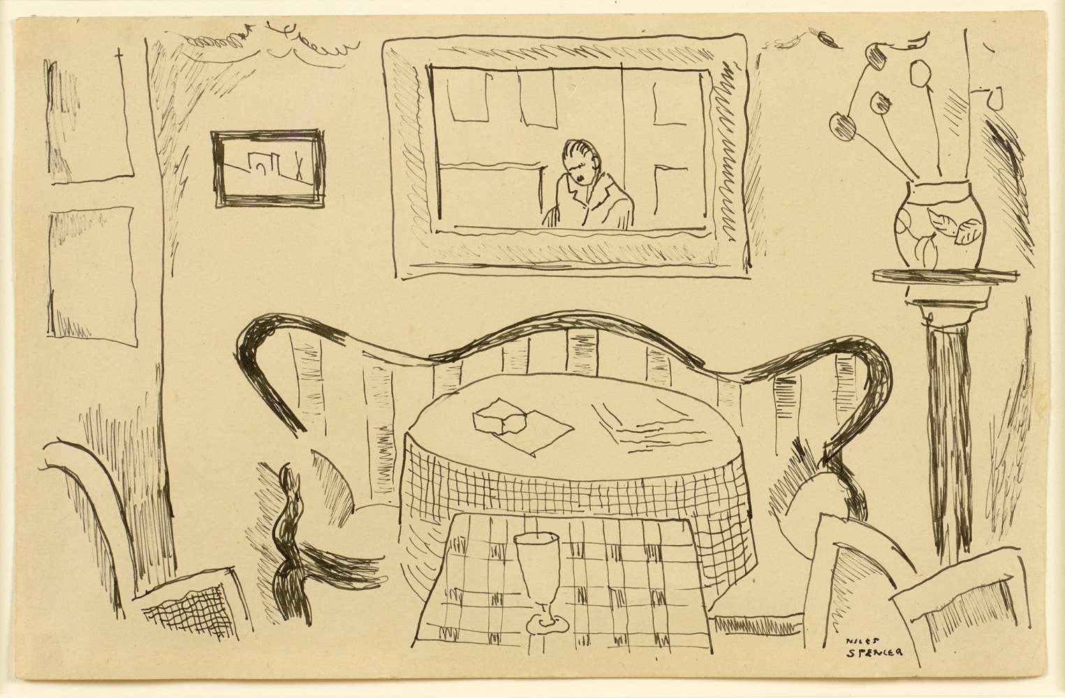ink drawing of an interior with a self portrait in the mirror