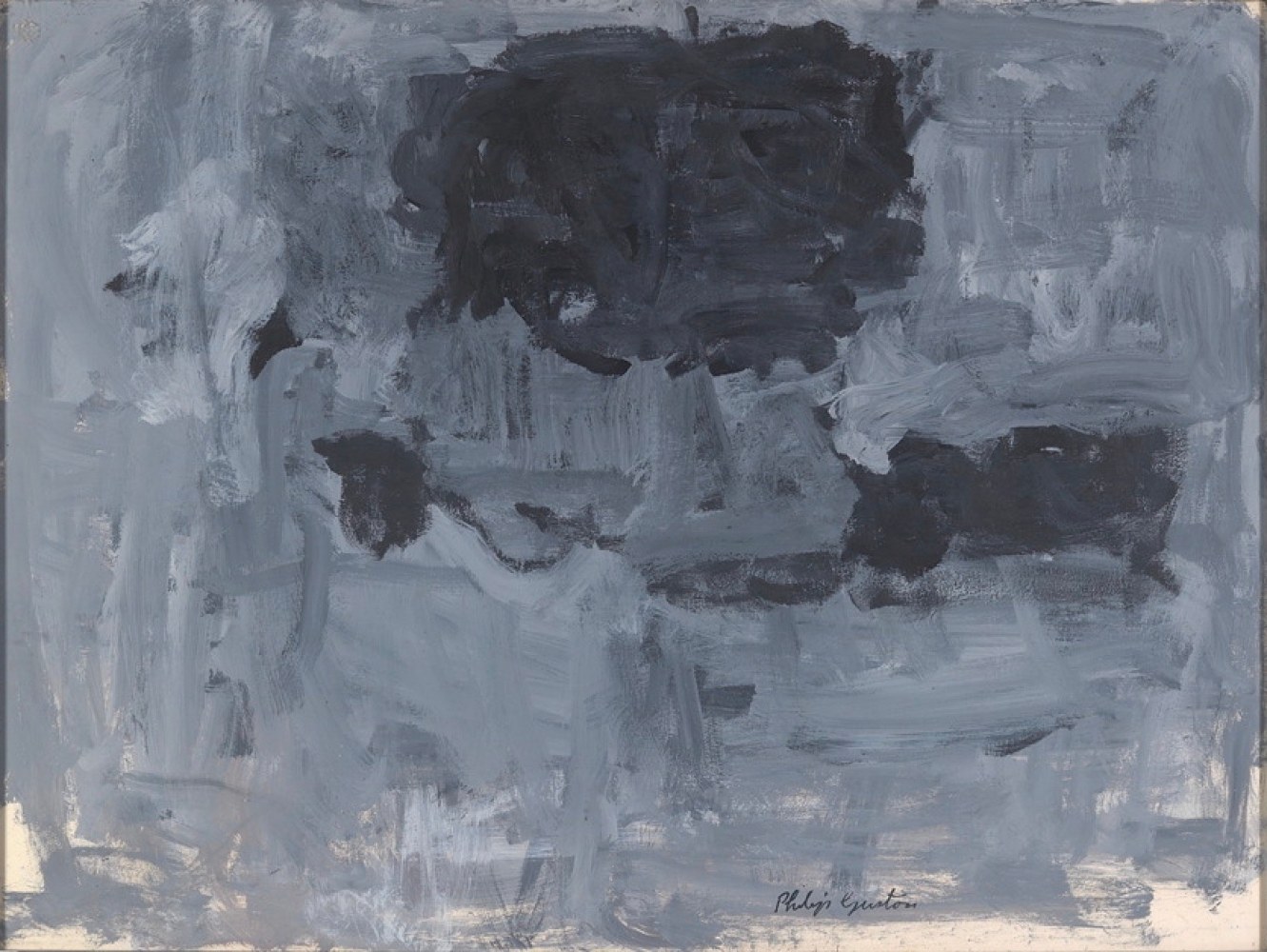abstract image in gray and black, mostly gray with two black shapes