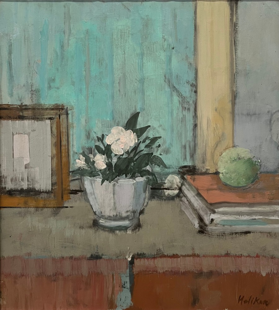 slightly abstracted still life of a pot of white flowers on a table top with an apple and a pile of bookds