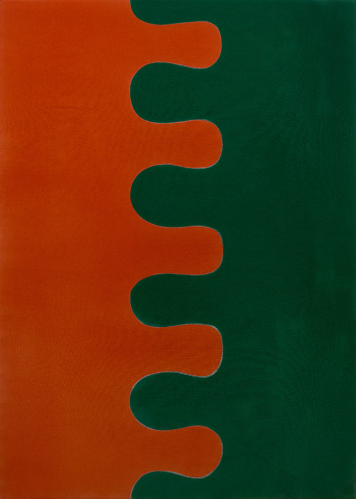 orange and green painting that looks like two puzzle pieces fit together
