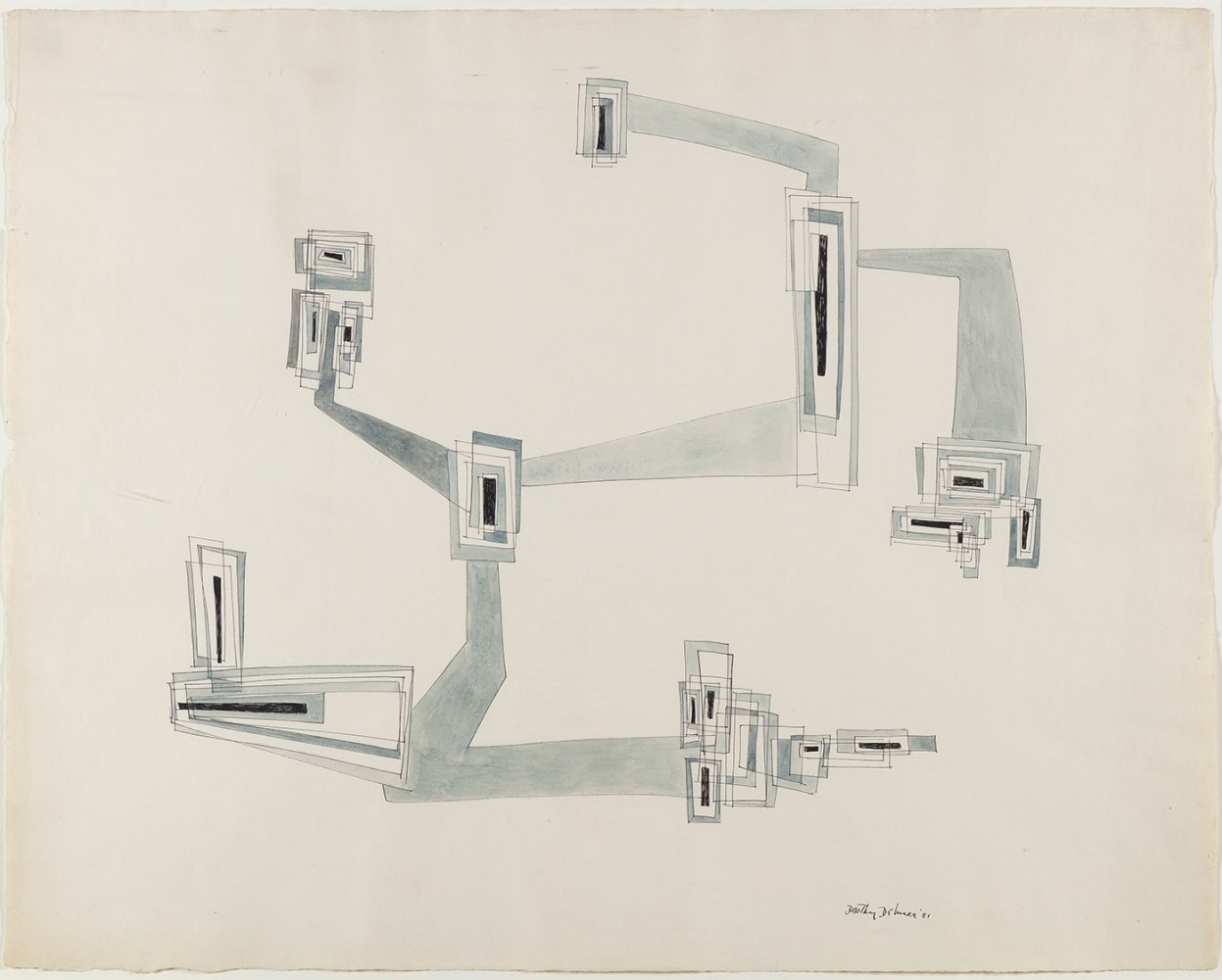 abstract ink and wash drawing with squares and rectangles that looks like a flattened sculpture