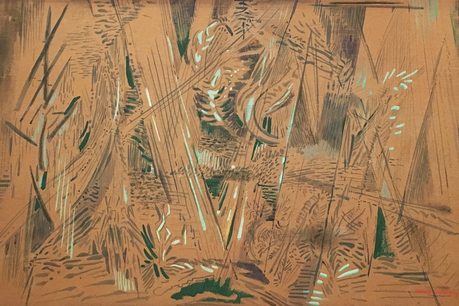 Monochromatic landscape of woods with rain