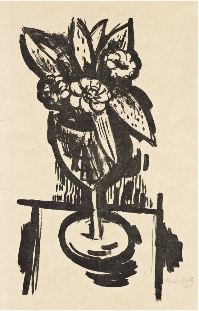 black lithograph of flowers in a goblet vase on a table