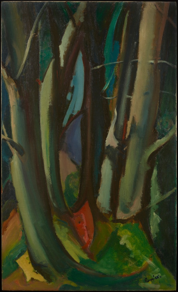 bold view of trees in a blue and green landscape