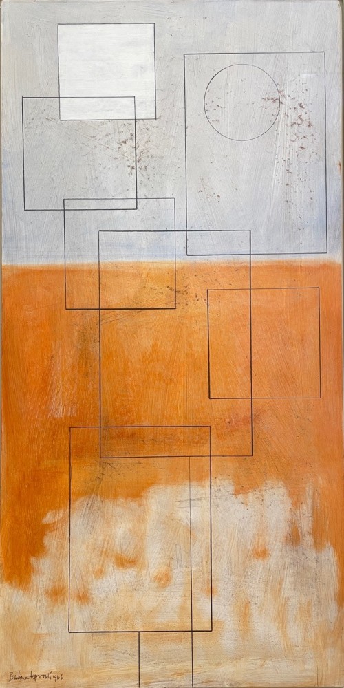 abstract painting with orange  and gray background and simple square and circles in black on top