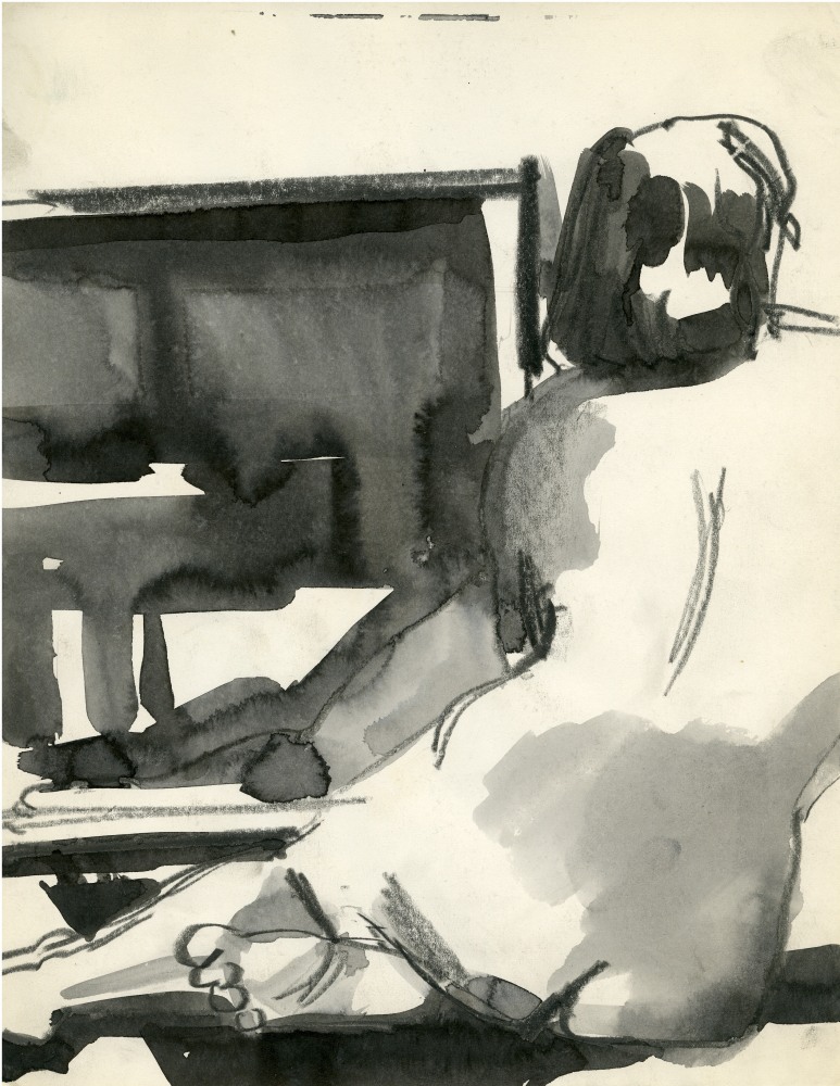 wash drawing of the back of a seated model