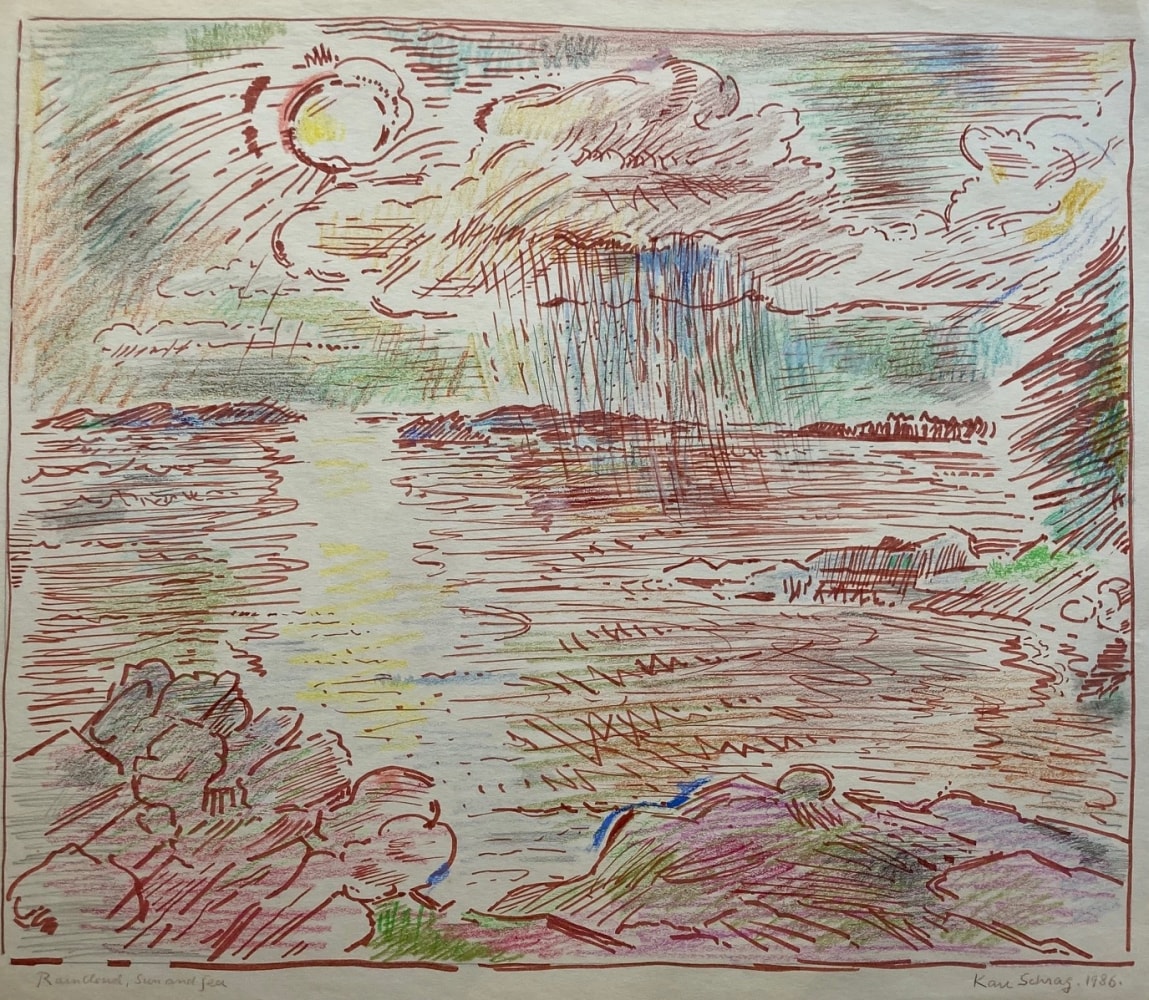 a sea scape drawn in red ink with sun in the background and rain