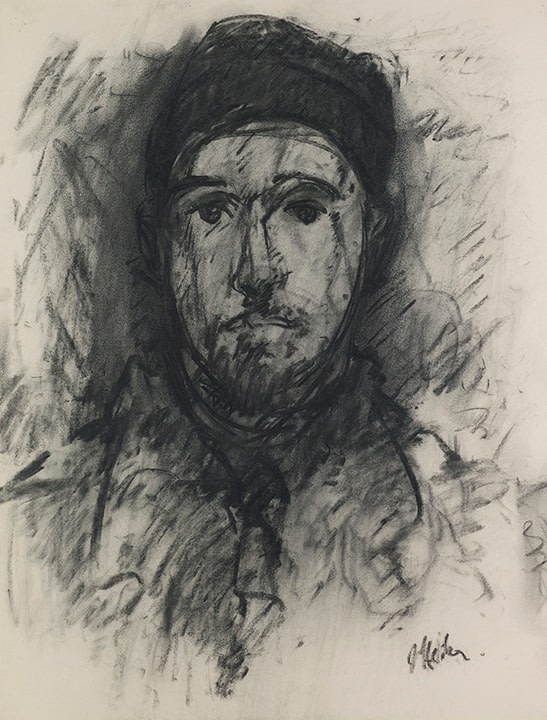 large charcoal drawing of a man's head wearing a cap and his shoulders, looking front