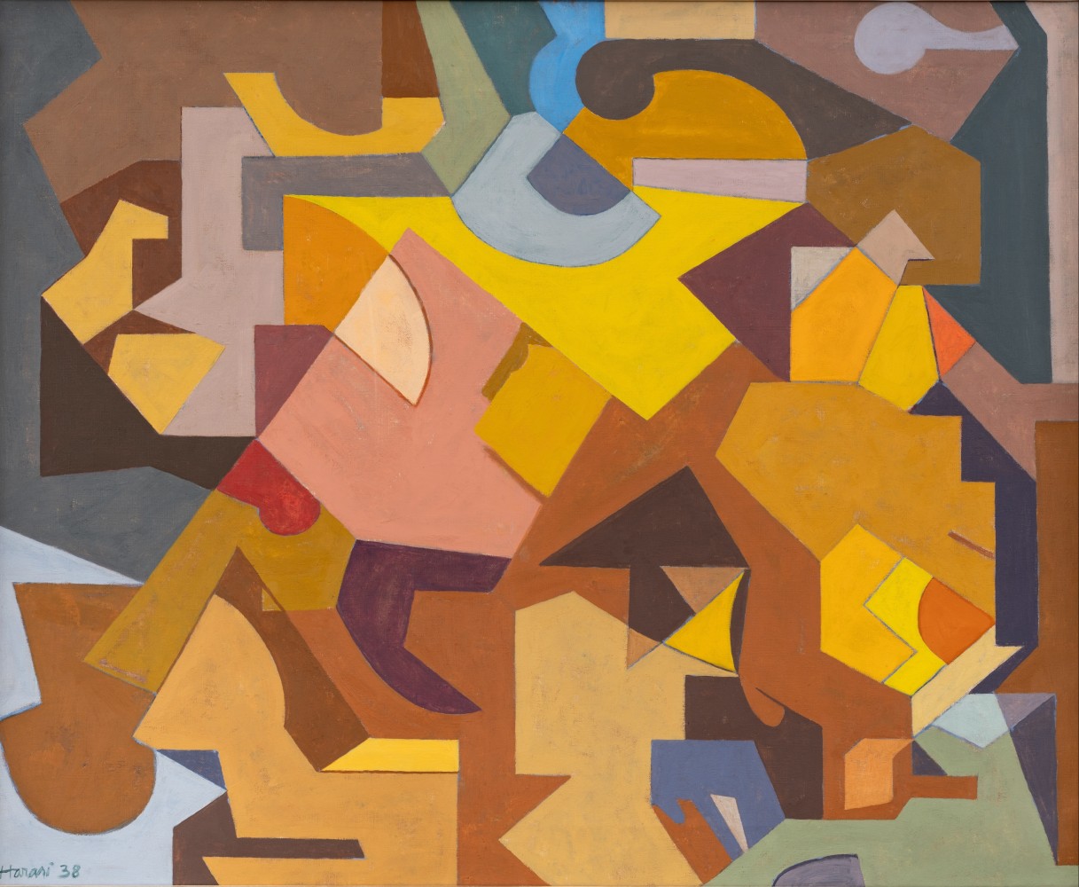 abstract forms in browns yellows purples and blues