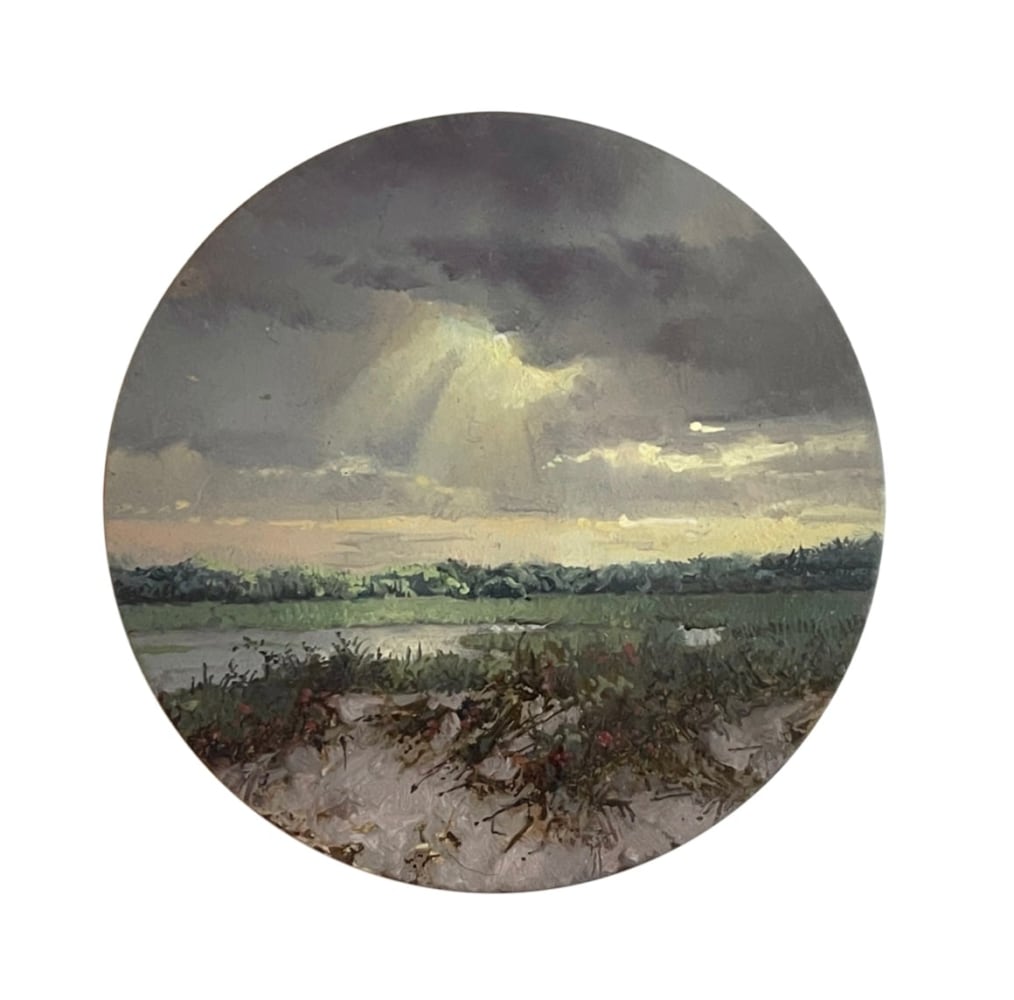 small round painting looking over marsh on Cape Cod