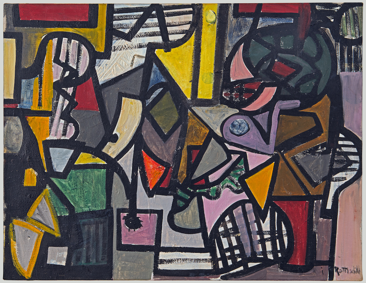 abstract painting with lots of bright colors and shapes outlined in black