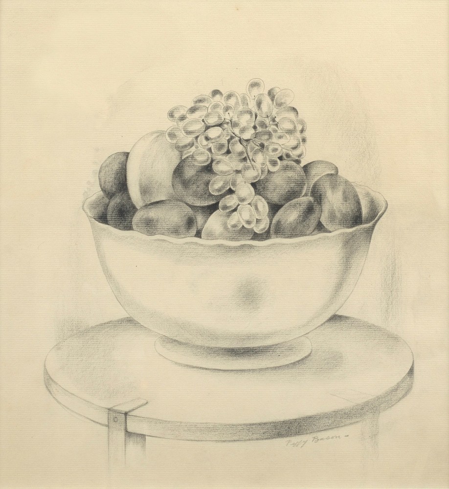 pencil drawing of a bowl of fruit including grapes and plums